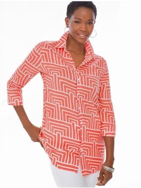Chicos linen coral orange and white geometric design 3/4 sleeve tunic